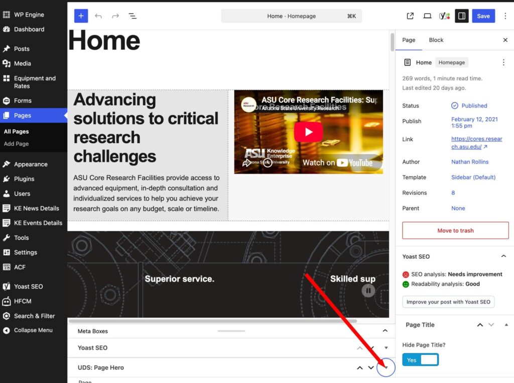 This is an image showing step one of how to add alt text to the UDS video hero.